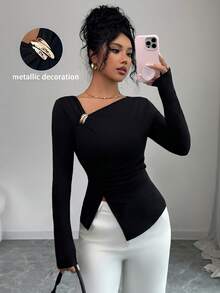 Elenzga 女式纯色不对称领口长袖开衩下摆 T 恤 - 黑色 - 查看 5