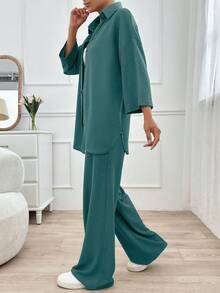 EURMUSE 2pcs Women's Casual Solid Color Front Button Loose Shirt And Pants Set, Autumn - Teal Blue - View 6