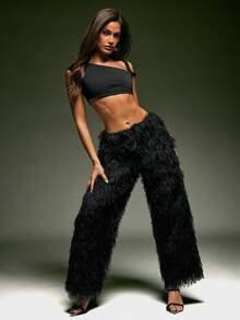 Denimoi 低腰长毛仿皮草裤时尚 GNO 夜店服装 - 黑色 - 查看 5