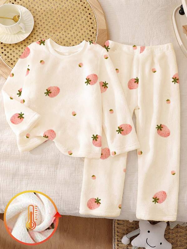 1set Young Girls Pajamas, Cute Watercolor Strawberry All-Over Print Soft & Cozy Fleece Ribbed Collar Pullover Long Sleeve Top And Pants, Fashionable Round Neck Homewear Sleepwear Set, Suitable For Daily Wear, Autumn/Winter Strawberry Pajama Set Strawberry Kids Outfit Cherry Kids Pajamas