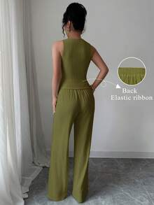 Elenzga 女士优雅纯色纹理两件套，圆领无袖纽扣修身背心和高腰松紧腰宽松直筒裤，通勤风格