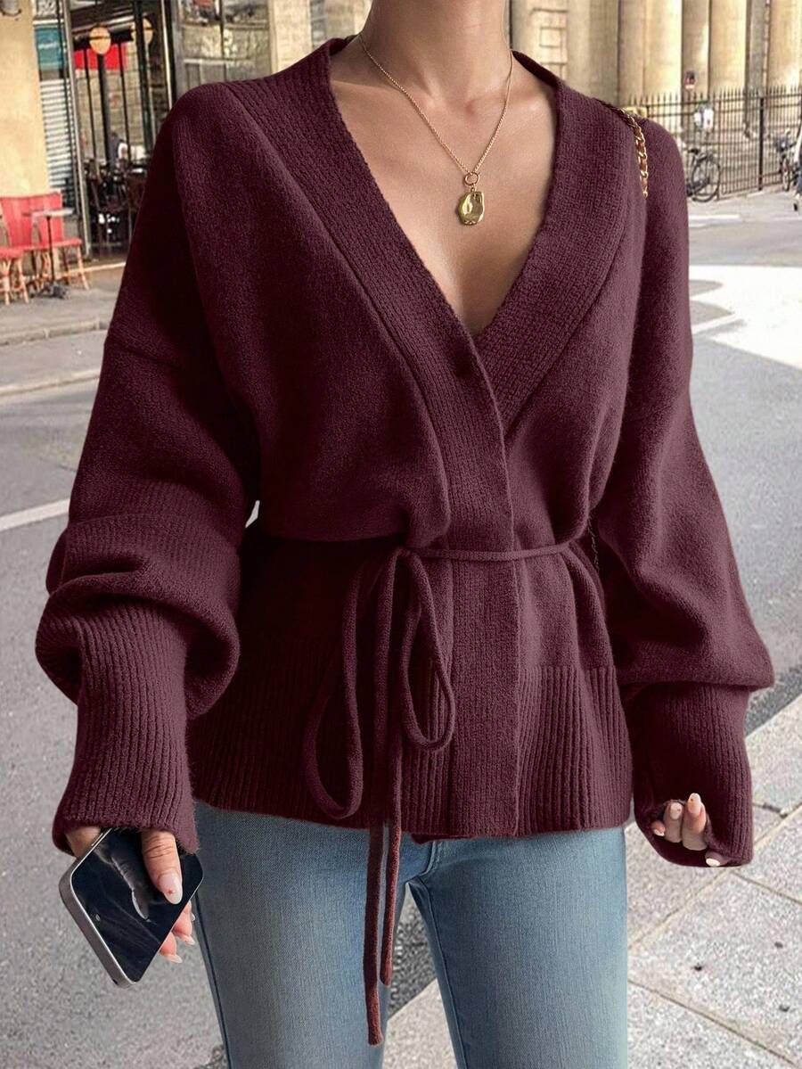 Livesso Women's Casual Solid Color Lace-Up Knit Loose Cardigan, Autumn/Winter - Burgundy - View 1