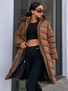 RueChic Slant Pockets Fuzzy Trim Hooded Puffer Coat - Brown - View 3