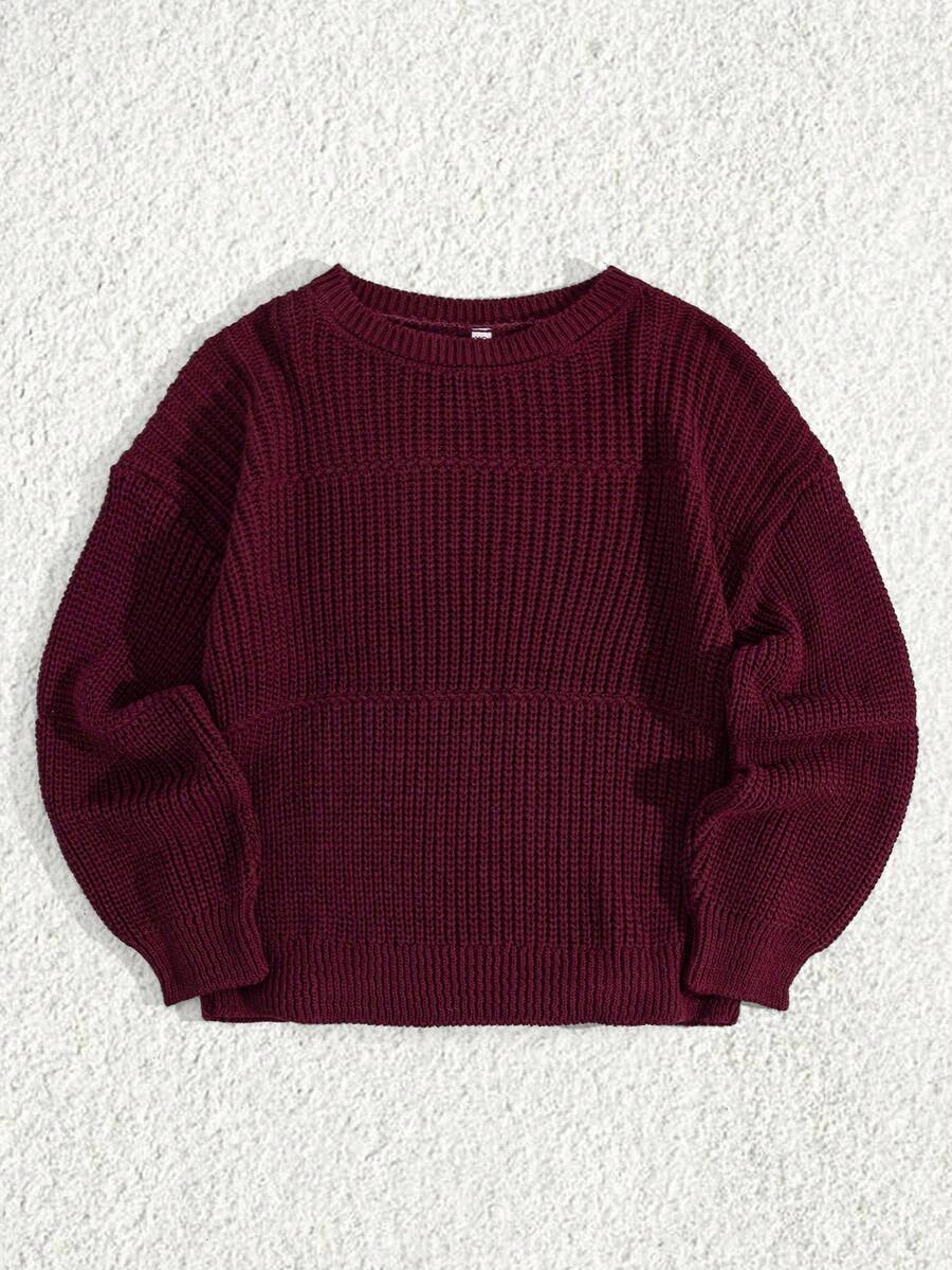 EURMUSE Petite Size Casual Rib Knit Crew Neck Women Sweater - Burgundy - View 1