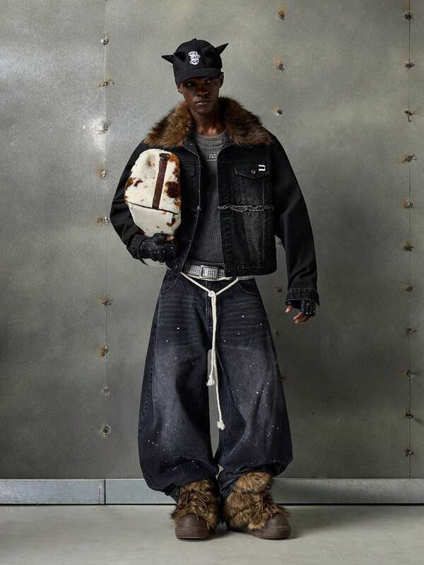 NEON BLANC Chaqueta vaquera casual para hombre con cuello de piel, de moda para otoño/invierno