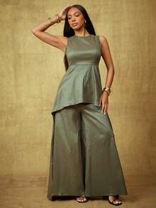 Vixey Olive Solid Taffeta Elastic Waistband Wide Leg Pants, Party Wear, Elegant - Olive Green - View 3