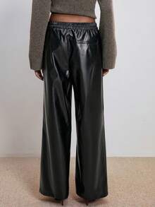 ATUI Studio Women's Black Elegant Faux Leather PU Pants,Autumn Night Casual Business Wear,Elastic Waist Loose Straight Leg Minimalism Old Money Aesthetic Pants - Black - View 3
