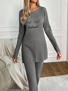 EURMUSE Women's Letter Embroidered Long Sleeve Pants Pajama Set - Grey - View 5