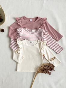 SHEIN 3 件套女婴简约百搭甜美可爱柔软弹力纯色条纹荷叶边长袖上衣，适合秋冬季休闲装、居家装、度假装