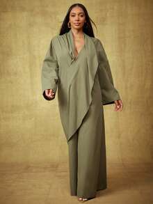 Vixey Bộ đồ liền thân ống rộng tay dài bằng vải satin mềm mại, bồng bềnh - Màu xanh Ô liu - Xem 3