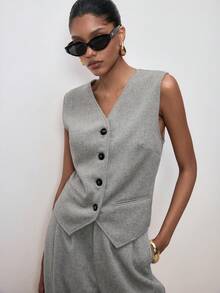 ATUI Studio Women's Casual Loose Waistcoat,Gray,Summer,Business Corporate,Office,V-Neck Design With Decorative Buttons,Versatile For Commuting,Old Money Aesthetic - Light Grey - View 5