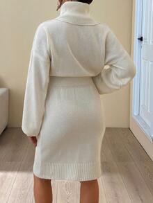 EURMUSE Vestido curto casual com gola alta e manga balão, cor sólida, estampa lisa, para outono e inverno, roupas femininas - Bege - Ver 6