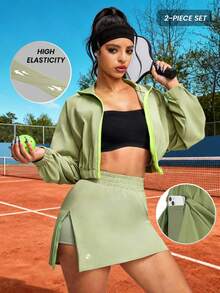 Innovista Women's Solid Color Raglan Sleeve Zip Front Jacket And Skirt Tennis Outfit Sporty Tennis Sets Crop Active Top Jacket Retro Polo And Skirts Shorts Athletic Style Built-In Shorts Pocket Essential Matching Workout Outfits Utilitarian Chic, Partywear Guidelines - Green - View 5