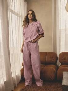 Aralina Christmas Holiday Season Cosy Sleepwear Women's 3pcs Stripped Frill Collar Detail Button Down Long Lantern Sleeve Shirt And Wide Leg Long Pants With Contrast Pipping With Sleep Mask, Matching Set , Cute Cosy Pajamas , Christmas Pajamas, Winter Clothes - Red and White - View 6