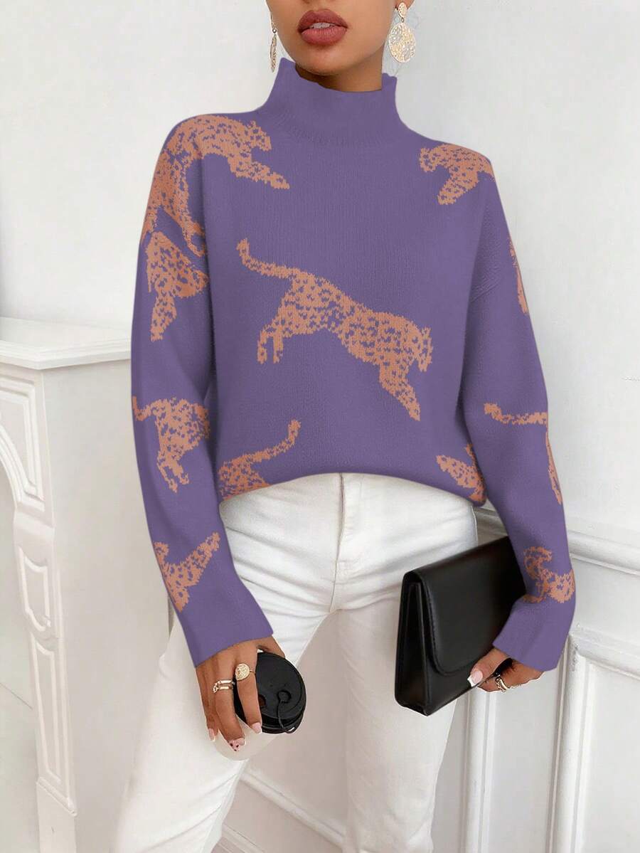 SHEIN LUNE Sweater Lengan Panjang Leher Tinggi Motif Hewan Warna Kontras untuk Wanita - Red Violet - View 1