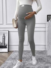 SHEIN Maternity Casual Solid Color High Waist Leggings - Grey - View 5