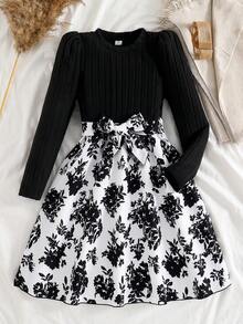 1pc Girls Crew Neck Long Sleeve Ribbed Knit Patchwork Floral Hem Dress, Sweet & Ladylike, Autumn - Black - View 8