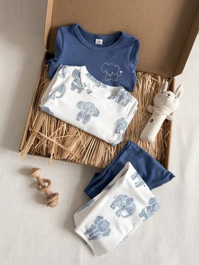 SHEIN 4 件套男婴休闲可爱大象印花长袖 T 恤和裤子套装，舒适百搭，适合秋冬穿着