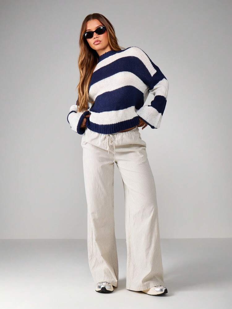 MISSGUIDED Oversized Striped Knit Pullover With Long Sleeves For Fall Winter Comfort