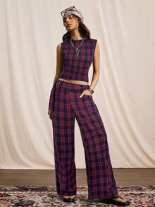 Easelle Bộ 2 món áo crop top không tay kẻ caro du mục cổ điển kèm thắt lưng kim loại và quần ống rộng cho nữ - Đỏ - Xem 5