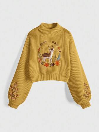 Fairycore Suéter casual de mujer con bordado de ciervos y flores estilo Cottagecore, de manga farol, para otoño/invierno