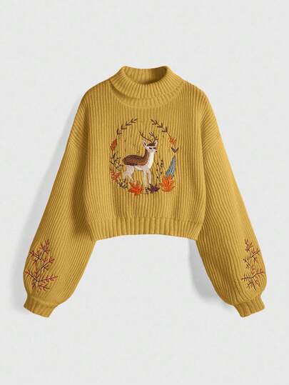 Fairycore Women's Casual Cottagecore Deer & Floral Embroidery Lantern Sleeve Sweater, Autumn/Winter
