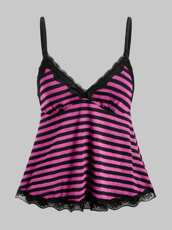 Fairycore Débardeur décontracté grande taille à rayures avec garniture en dentelle