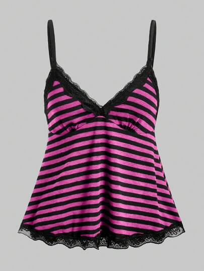 Fairycore Canotta casual a righe con bordo in pizzo, taglie comode