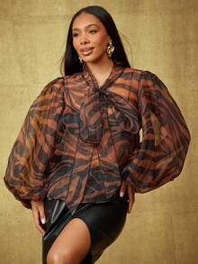 Vixey Tiger Animal Print Sheer Organza Volume Balloon Sleeve Bow Top, Party Wear, Elegant - Multicolor - View 2