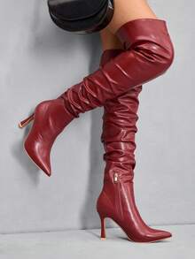 CUCCOO SZL Giày bốt cao đến đùi màu đỏ tía mũi nhọn thời trang, giày cao gót qua đầu gối xếp ly gợi cảm dự tiệc dành cho nữ - Màu Đỏ Sâu - Xem 3