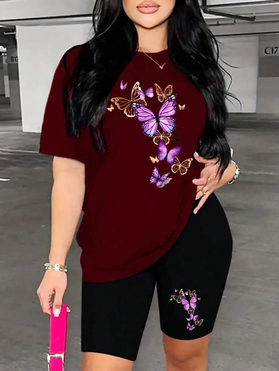 Conjunto set paquete 2 piezas dama mujer playera camiseta blusa gráfica manga corta cuello redondo shorts leggings biker cortos básico casual estampado mariposas volando colores contraste - Burdeos - Ver 1