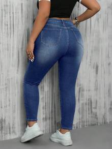 SHEIN EZwear 大码休闲水洗高腰修身牛仔裤 - 深色水洗藍 - 查看 2