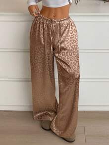SHEIN EZwear 女式休闲卡其色豹纹抽绳腰宽松阔腿裤 - 卡其色 - 查看 6