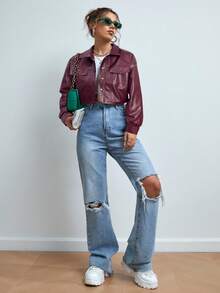 SHEIN EZwear 秋冬女装酒红色长袖落肩翻盖口袋短款PU夹克女秋冬外套 - 酒紅色 - 查看 4
