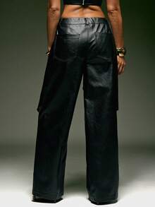 Denimoi 直筒镂空设计仿皮裤，GNO，时尚，夜店装，演唱会装 - 黑色 - 查看 4