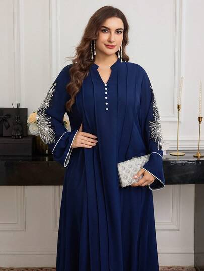 Al Najma Plus Size Women Casual Crew Neck Beaded Applique Long Sleeve Loose Dress, Spring/Autumn