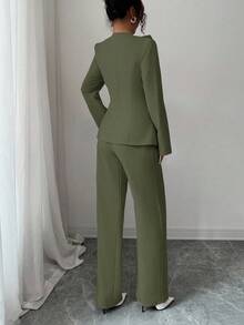 Elenzga Bộ vest vest 2 món ve áo cổ điển, vai lệch, áo khoác blazer + quần âu thu đông - màu xanh lá - Xem 2