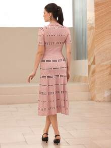 Modelyn Women's Polo Collar Plaid Short Sleeve Elegant Knitted Dress - Dusty Pink - View 5