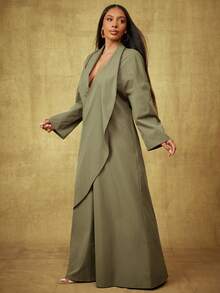 Vixey Bộ đồ liền thân ống rộng tay dài bằng vải satin mềm mại, bồng bềnh - Màu xanh Ô liu - Xem 4