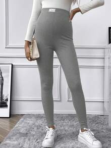 SHEIN Maternity Casual Solid Color High Waist Leggings - Grey - View 6