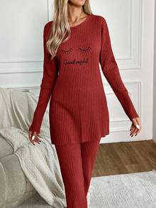 EURMUSE Women's Letter Embroidered Long Sleeve Pants Pajama Set - Red - View 5