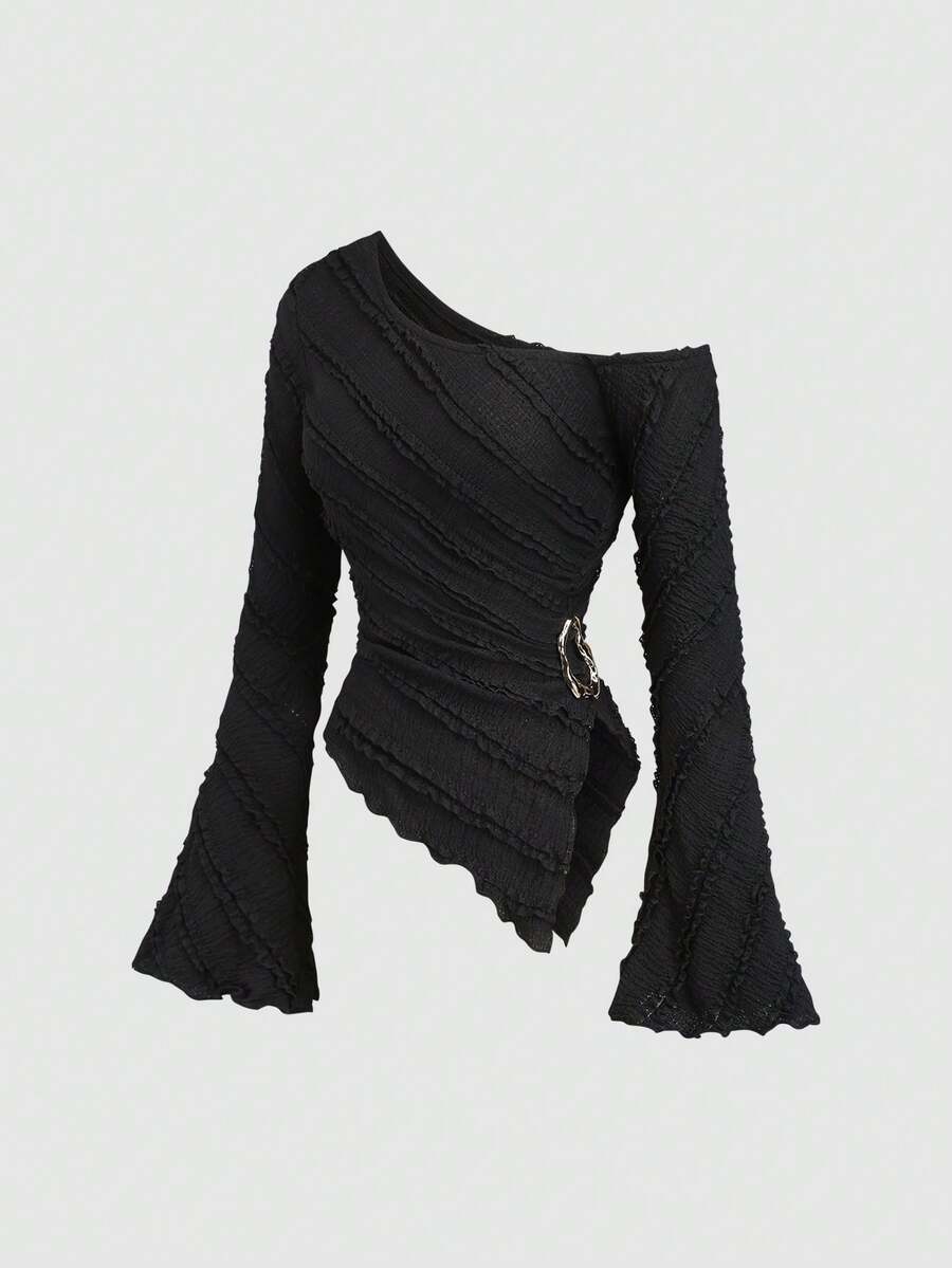 Sweetra 女士新款纹理面料不对称下摆长袖衬衫，带金属装饰，适合通勤和外出，春夏秋 - 黑色 - 查看 1