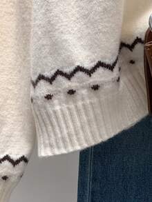 SHEIN Unity 全新秋冬复古优雅通勤费尔岛风麻花圆领毛衣 - 彩色 - 查看 4