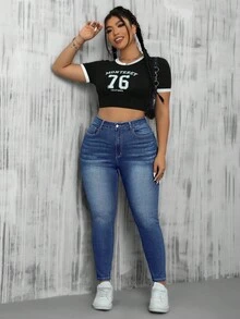 SHEIN EZwear 大码休闲水洗高腰修身牛仔裤 - 深色水洗藍 - 查看 5