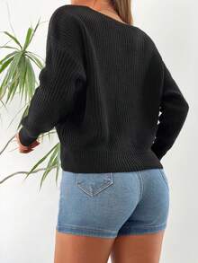 EURMUSE Drop Shoulder Button Front Cardigan - Black - View 2