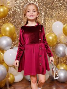 SHEIN Emery Rose Kids 年轻女孩优雅休闲天鹅绒圆领套头开叉设计中长连衣裙，适合学校、日常休闲装、秋冬年轻女孩、青少年/年轻女孩生日连衣裙、妈妈和我搭配万圣节返校秋季年轻女孩小女孩红色连衣裙带纽扣适合圣诞节。 - 酒紅色 - 查看 5