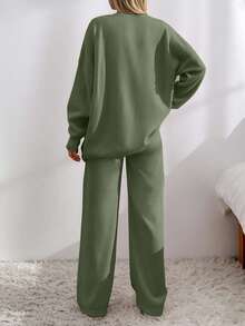 EURMUSE Drop Shoulder Cardigan & Tie Front Knit Pants - Olive Green - View 2