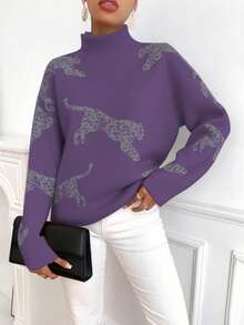 SHEIN LUNE 女式豹纹提花宽松高领长袖针织毛衣 - Bold Plum - 查看 5