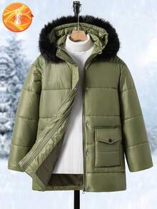 SHEIN Girls Olive Green Winter Modest School Hooded Padded Coat,Contrast Color Fur Collar,2 Front Pockets,Loose Fit Mid-Length Jacket For Autumn/Winter - Army Green - View 3