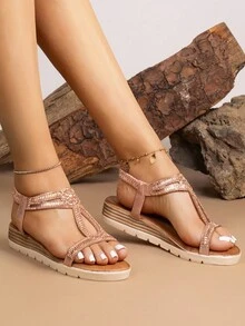 Sandalias planas para mujer, estilo bohemio, retro americano, bohemio, occidental, festival de música, fiesta, playa, vacaciones - Champán - Ver 2